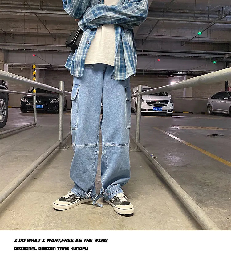 men jeans wide leg denim pants loose straight baggy mens jeans hip hop streetwear skateboard neutral denim trousers cargo jeans unique cargo style 2475