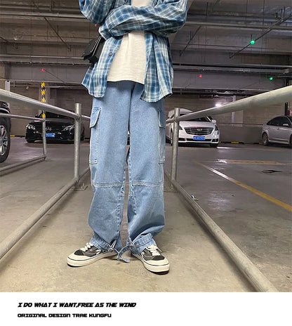 men jeans wide leg denim pants loose straight baggy mens jeans hip hop streetwear skateboard neutral denim trousers cargo jeans unique cargo style 2475