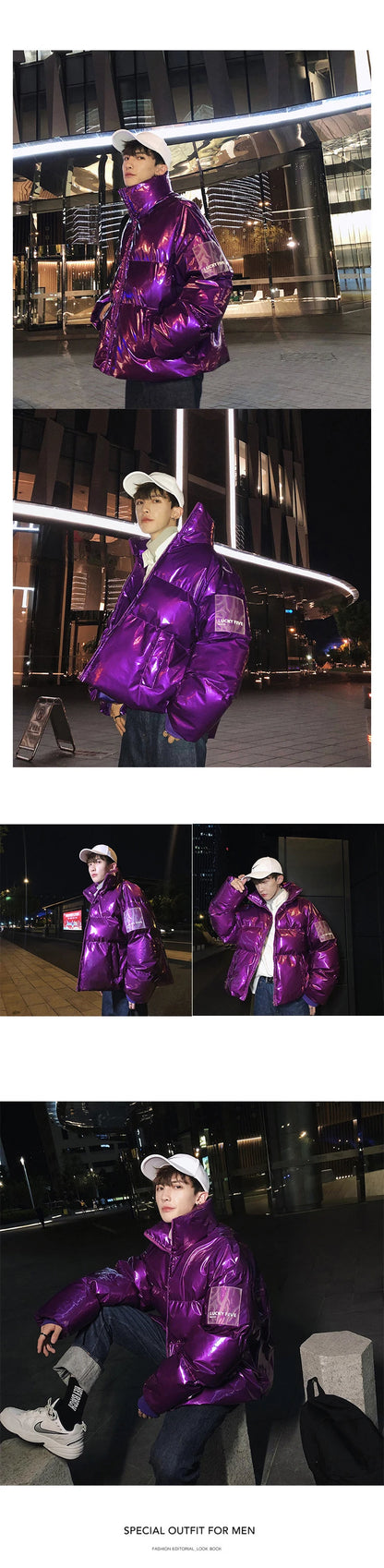 NEW Winter collar loose bright leather fabric jacket wind thick warm coat men women couple purple cotton clothing Street King Limited