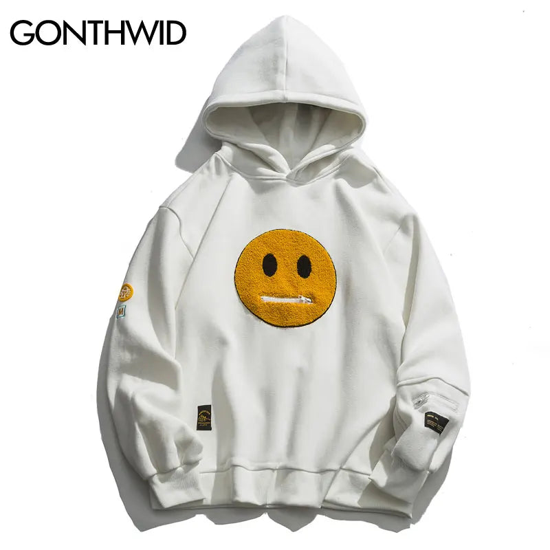 GONTHWID Hoodies Streetwear Hip Hop Zipper Pocket Smile Face Patchwork Hooded Sweatshirts Harajuku Hip Hop Casual Pullover Tops Street King Limited