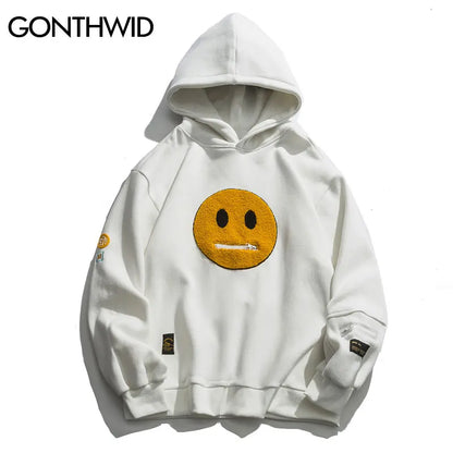 GONTHWID Hoodies Streetwear Hip Hop Zipper Pocket Smile Face Patchwork Hooded Sweatshirts Harajuku Hip Hop Casual Pullover Tops Street King Limited