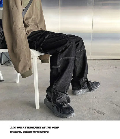 men jeans wide leg denim pants loose straight baggy mens jeans hip hop streetwear skateboard neutral denim trousers cargo jeans unique cargo style 2483