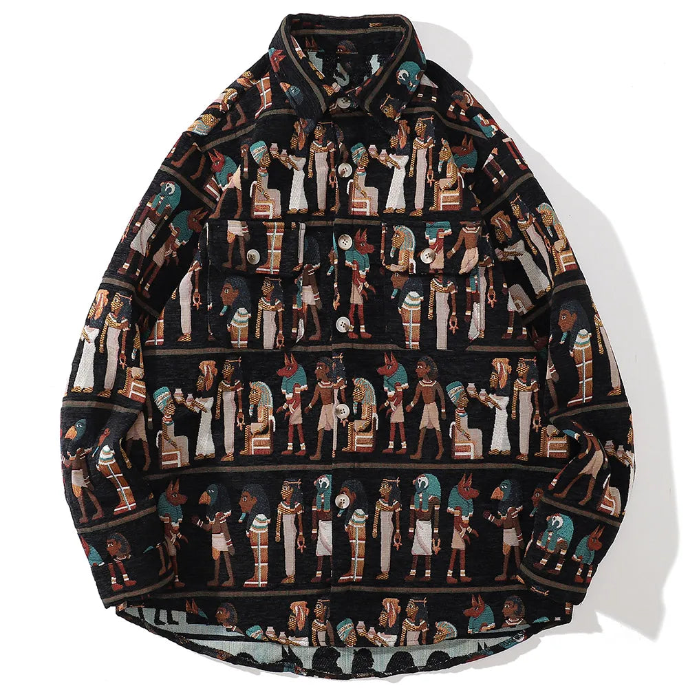 Aolamegs Harajuku Shirt Men Retro Egyptian Stripe Embroidery Shirt Long Sleeve Oversize Tops Superior Quality Hip Hop Streetwear Street King Limited