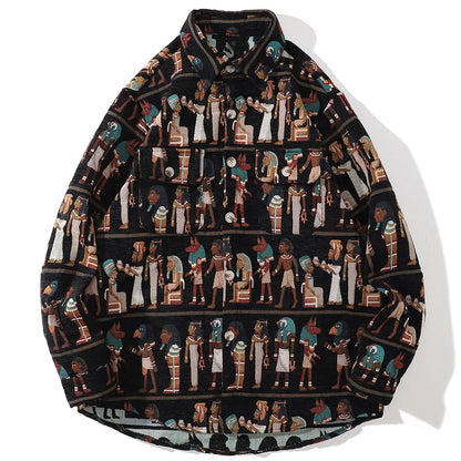 Aolamegs Harajuku Shirt Men Retro Egyptian Stripe Embroidery Shirt Long Sleeve Oversize Tops Superior Quality Hip Hop Streetwear Street King Limited