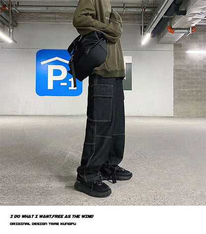 men jeans wide leg denim pants loose straight baggy mens jeans hip hop streetwear skateboard neutral denim trousers cargo jeans unique cargo style 2478