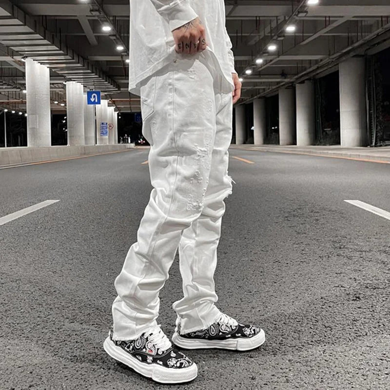 Harajuku Back Zipper Hole Ripped White Jeans Pants Mens Straight Washed Retro Oversized Streetwear Casual Denim Trousers Street King Limited