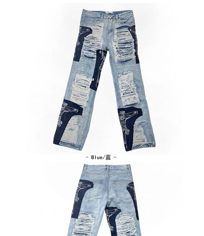 men high street denim jean pants casual loose destroyed ripped holes straight jeans fashion patchwork hip hop streetwear joggers unique joggers style 3506