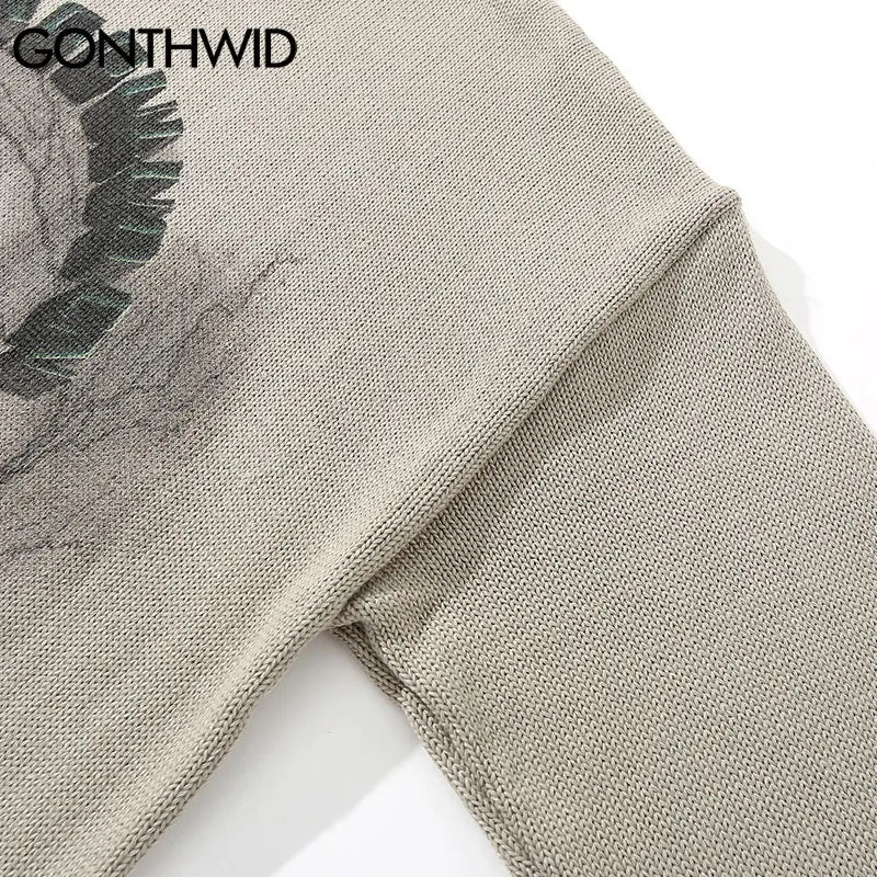 GONTHWID Knitted Sweaters Hip Hop Lightning 3D Angel Statue Print Pullover Sweater Streetwear Hip Hop Fashion Casual Loose Tops Street King Limited