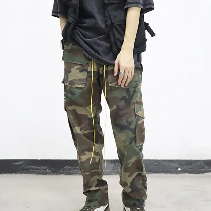 Camouflage Cargo Pants Bieber Hip Hop Vintage Multi-pocket Bottom Button Men's Cargo Trousers Streetwear Mens Military Pants Street King Limited