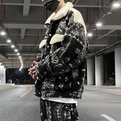 mens paisley fleece jackets coats fashion hairy single button loose bomber outerwears casual warm parkas thick streetwear jacket relaxed fit trousers