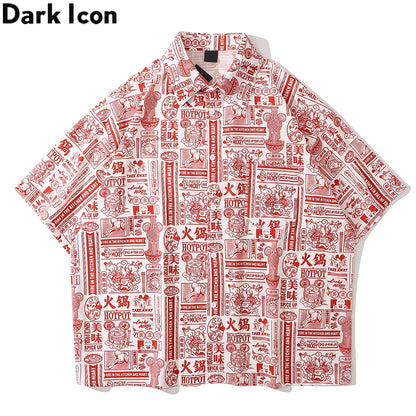 Dark Icon Full Printed Oversized Shirt for Men Summer Loose Men's Shirts Male Top Black Red Street King Limited