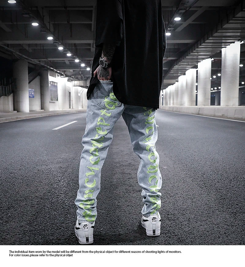 men back letter embroidery denim jean pants fashion slim zipper biker jeans trouser new casual hip hop streetwear pants joggers unique joggers style 291