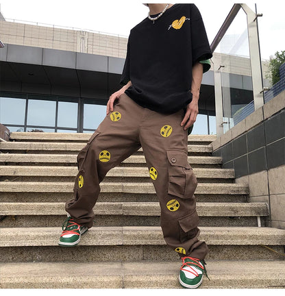mens high street smilely loose cargo pants casual zipper straight jeans hip hop side pockets loose fit streetwear casual joggers unique joggers style 2469