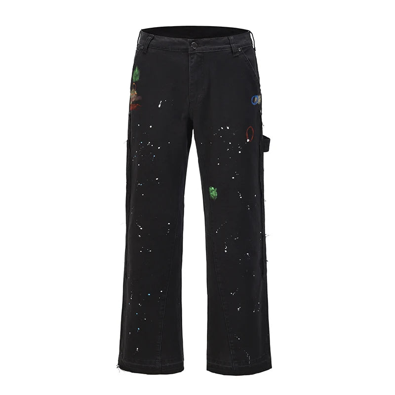 Graffiti Ink Painted Wide Leg Flare Pants Mens Streetwear Straight Casual Jeans Harajuku Washed Retro Loose Denim Trousers Street King Limited
