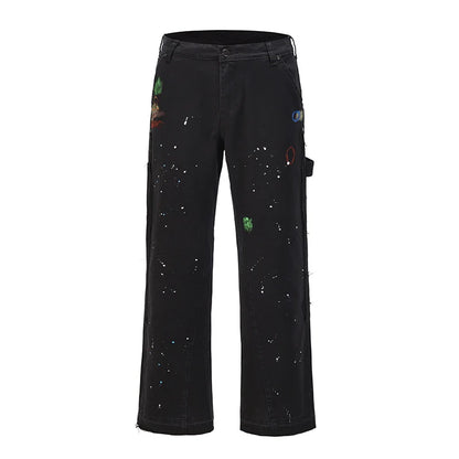 Graffiti Ink Painted Wide Leg Flare Pants Mens Streetwear Straight Casual Jeans Harajuku Washed Retro Loose Denim Trousers Street King Limited
