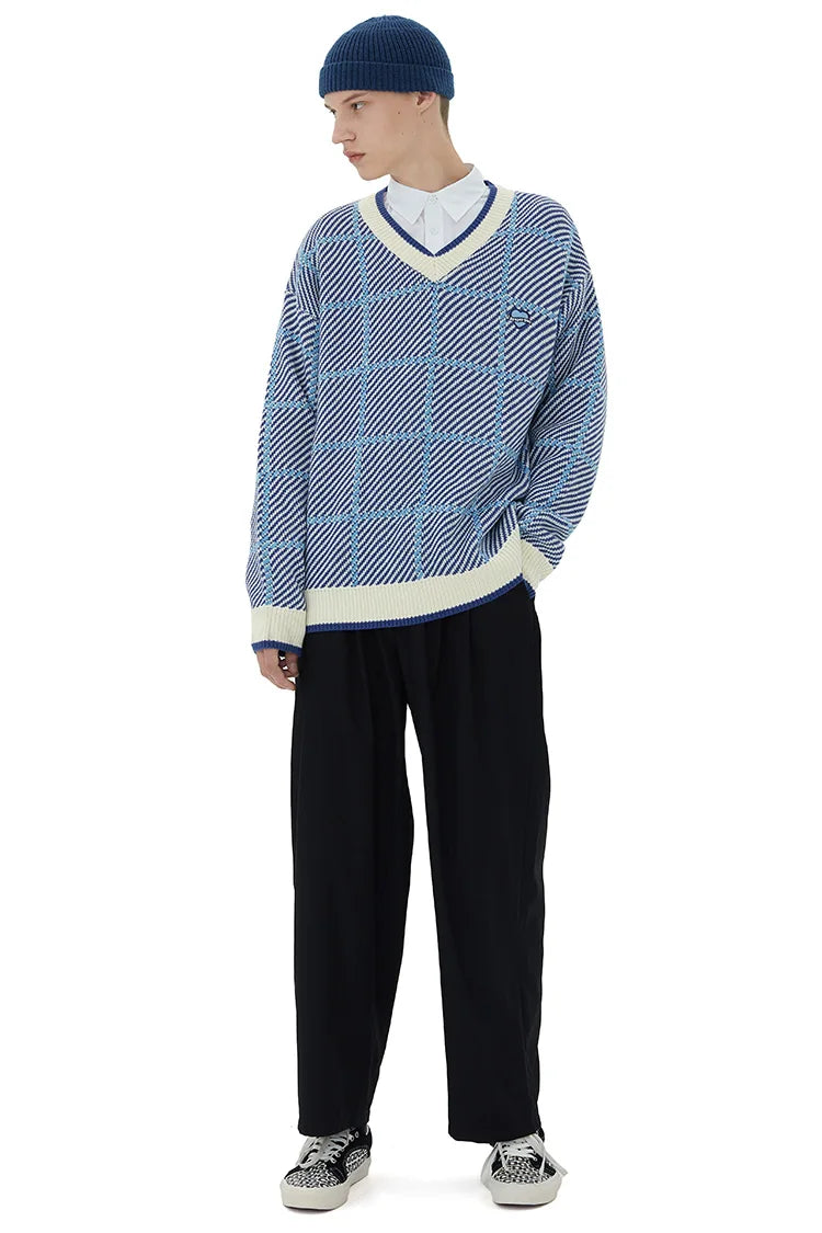 Men Hip Hop Knitted Sweater Streetwear Embroidery Heart Plaid Pullover 2023 Autumn Harajuku Cotton Casual Pullover Sweater Blue Street King Limited