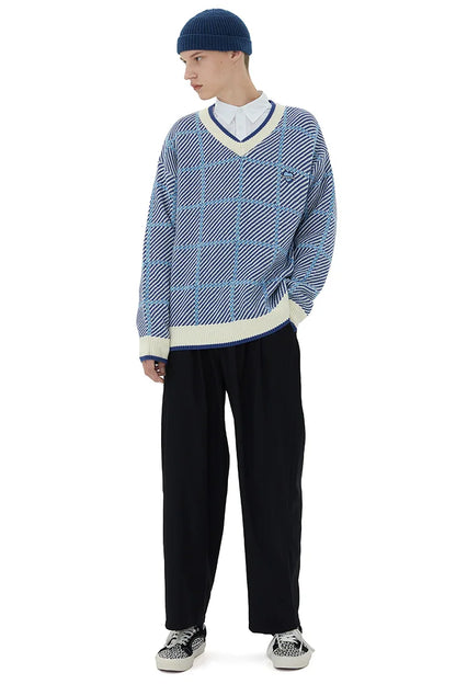 Men Hip Hop Knitted Sweater Streetwear Embroidery Heart Plaid Pullover 2023 Autumn Harajuku Cotton Casual Pullover Sweater Blue Street King Limited