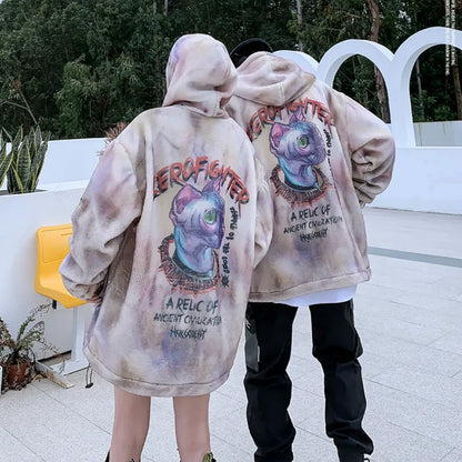 mens hip hop cats harajuku printed fleece jackets coats hairy zipper oversize hoodies outerwears warm thick streetwear parkas unique default style 4890