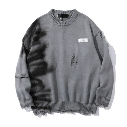 Mens Hip Hop Destroy Ripped Holes Streetwear Graffiti Harajuku Sweater Vintage Retro Knitted Sweater New Casual Cotton Pullover Street King Limited