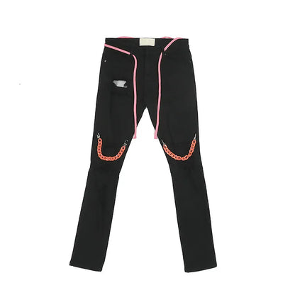 high street knee hole with chain ripped biker jeans mens slim fit denim pants autumn new streetwear casual hip hop pants joggers unique joggers style 3235