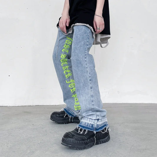 fashion letters embroidery denim flare jeans mens high street elastic waist straight trouser hip hop streetwear pants joggers urban active pants