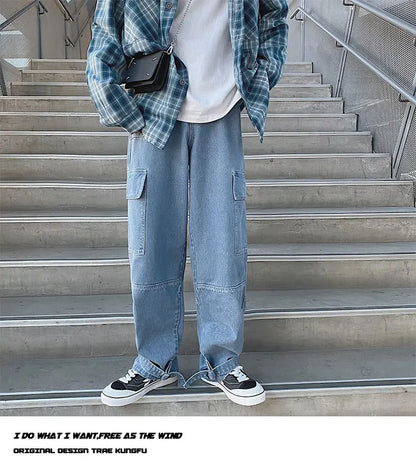 men jeans wide leg denim pants loose straight baggy mens jeans hip hop streetwear skateboard neutral denim trousers cargo jeans unique cargo style 2471