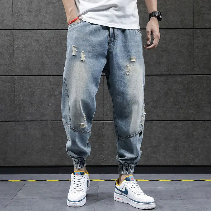 2023 new hip hop harem jeans pants men loose joggers denim casual sweatpants korea ankle length trousers streetwear male clothes relaxed fit joggers