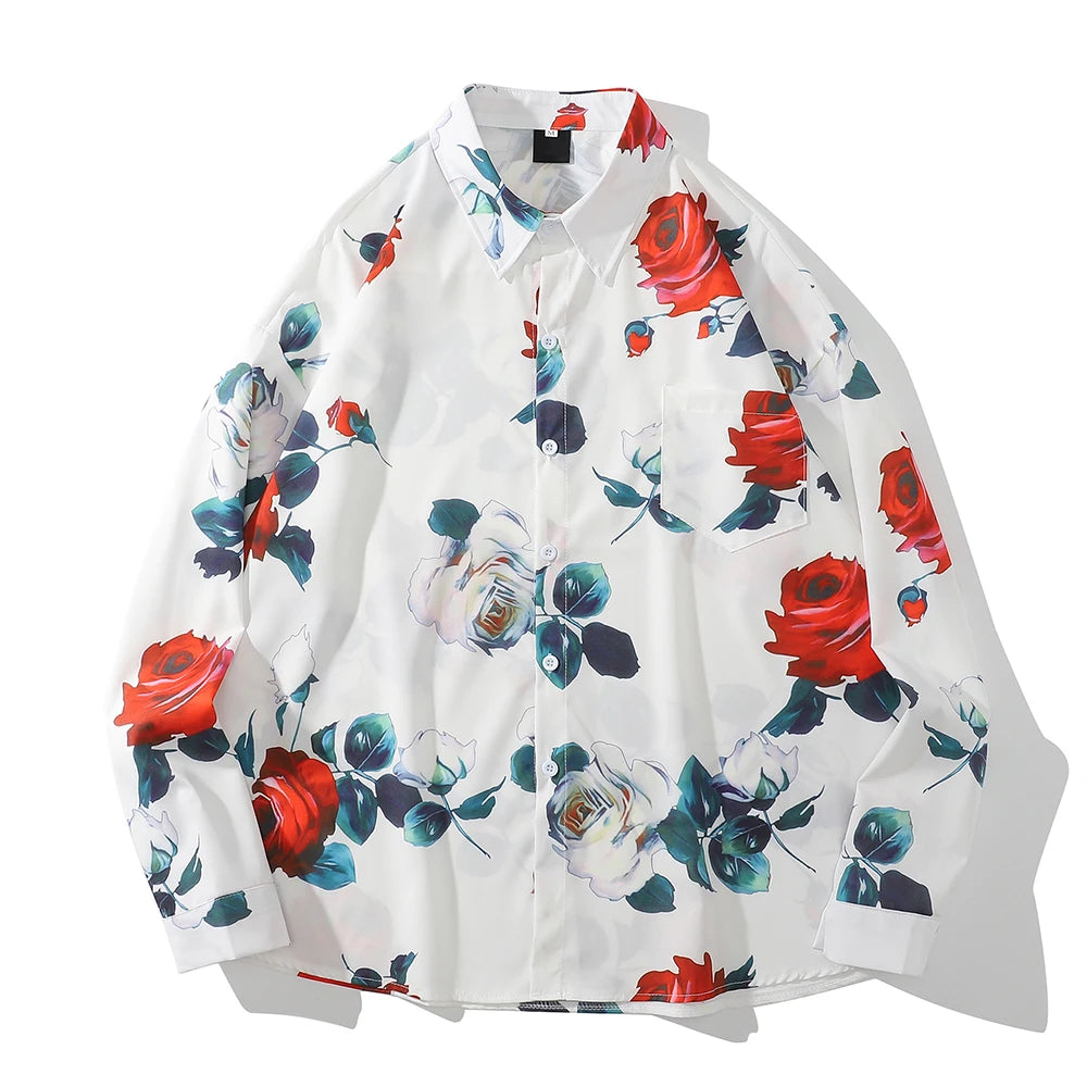 Dark Icon Floral Loose Men's Shirt Long Sleeve Autumn Oversized Shirt Man Black White Street King Limited