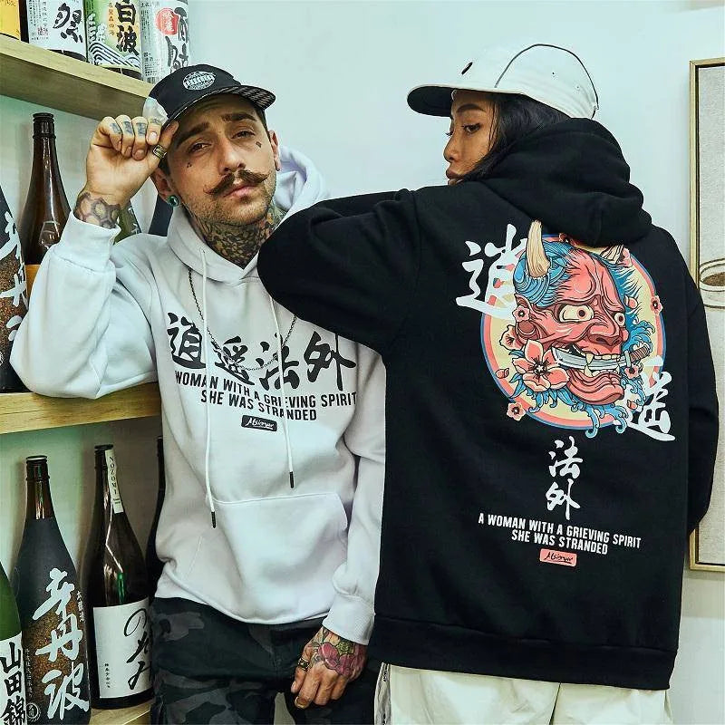 Japanese Chinese Style Hoodies Streetwear Sweatshirt Hooded Hip Hop Evil Devil Printed Hoodie Gothic Kpop Men Autumn Tops Male Street King Limited