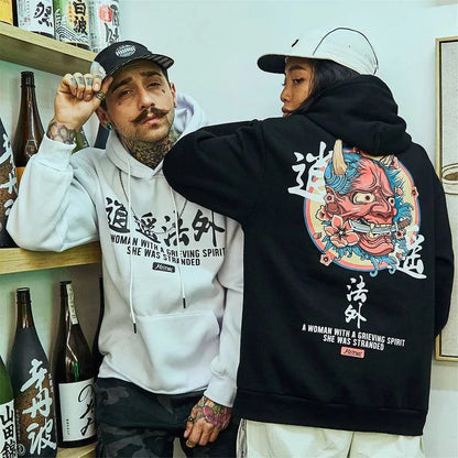 Japanese Chinese Style Hoodies Streetwear Sweatshirt Hooded Hip Hop Evil Devil Printed Hoodie Gothic Kpop Men Autumn Tops Male Street King Limited
