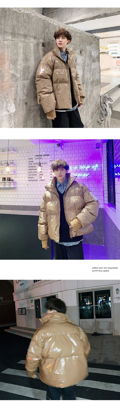 NEW Winter collar loose bright leather fabric jacket wind thick warm coat men women couple purple cotton clothing Street King Limited