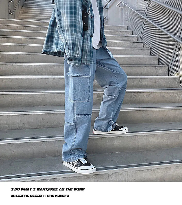 men jeans wide leg denim pants loose straight baggy mens jeans hip hop streetwear skateboard neutral denim trousers cargo jeans unique cargo style 2472