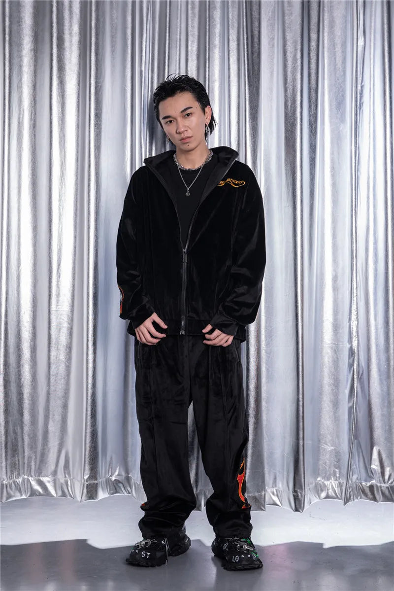 2 pieces set men embroidery velvet zipper jacket and elastic waist loose straight pants sweatsuit hip hop tracksuits sweatsuit menswear bottoms
