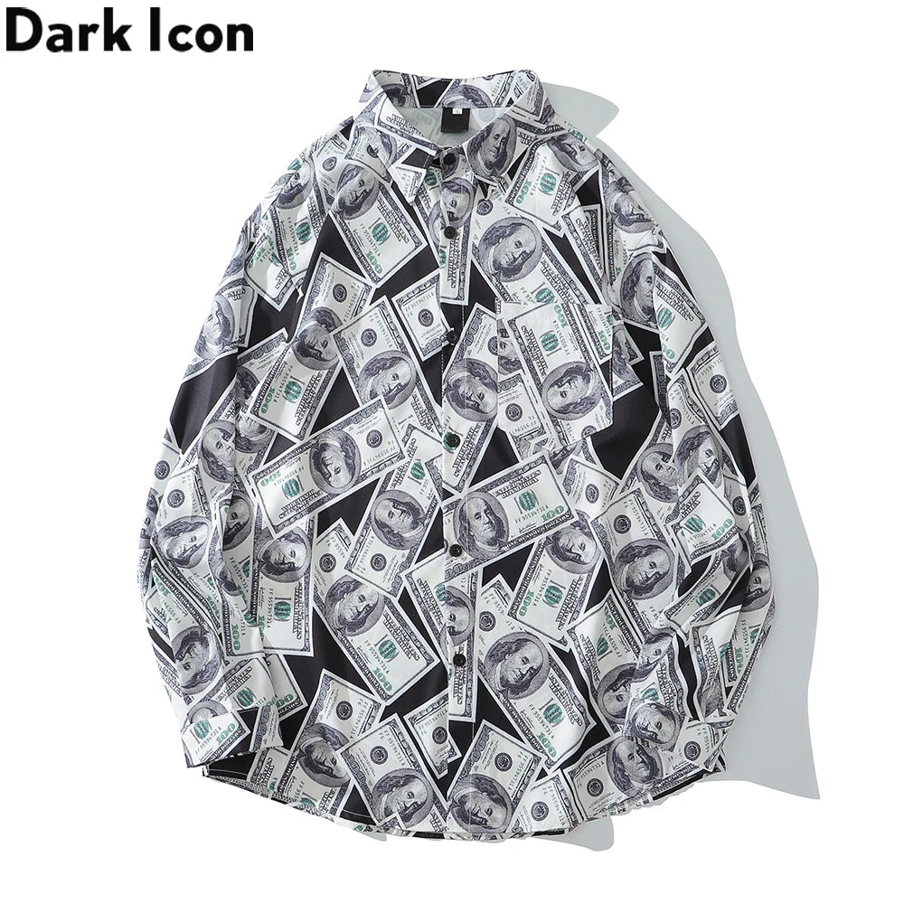 Dark Icon US Dollar Full Printed Shirts Men Turn-down Collar Casual Men's Shirt Logn Sleeve Man Clothing Street King Limited