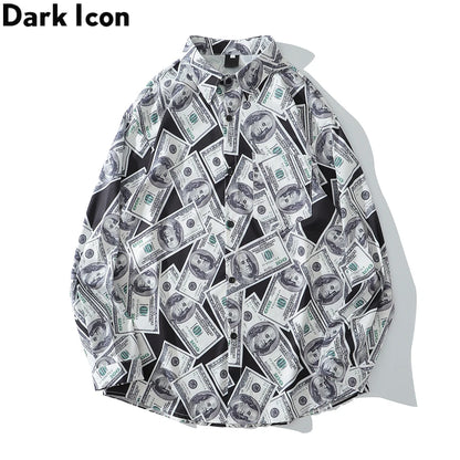 Dark Icon US Dollar Full Printed Shirts Men Turn-down Collar Casual Men's Shirt Logn Sleeve Man Clothing Street King Limited
