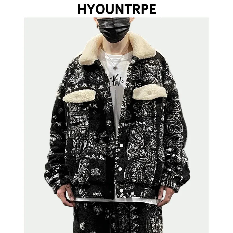mens paisley fleece jackets coats fashion hairy single button loose bomber outerwears casual warm parkas thick streetwear jacket minimalist street pants
