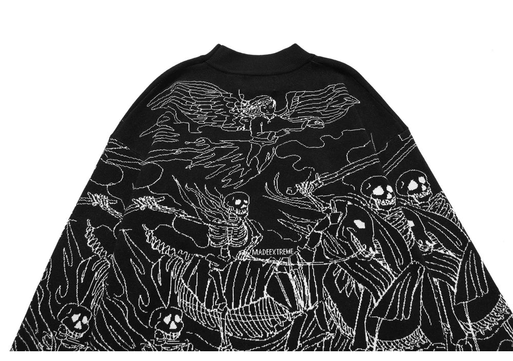 Vintage Knitted Sweater Harajuku Ukiyo-e Style Skull Graffiti Pullover 2021 Autumn Streetwear Sweater Men Women Cotton Knitwear Street King Limited
