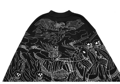 Vintage Knitted Sweater Harajuku Ukiyo-e Style Skull Graffiti Pullover 2021 Autumn Streetwear Sweater Men Women Cotton Knitwear Street King Limited