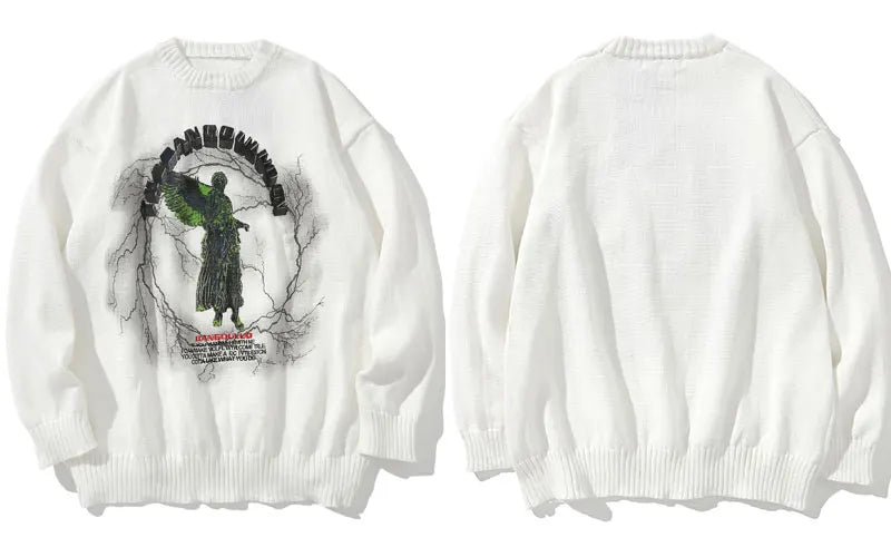 GONTHWID Knitted Sweaters Hip Hop Lightning 3D Angel Statue Print Pullover Sweater Streetwear Hip Hop Fashion Casual Loose Tops Street King Limited