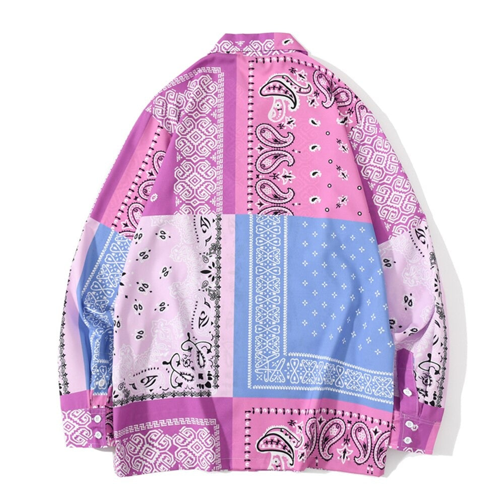 "Blue Pink Bandana" Unisex Men Women Streetwear Button Shirt Daulet Apparel