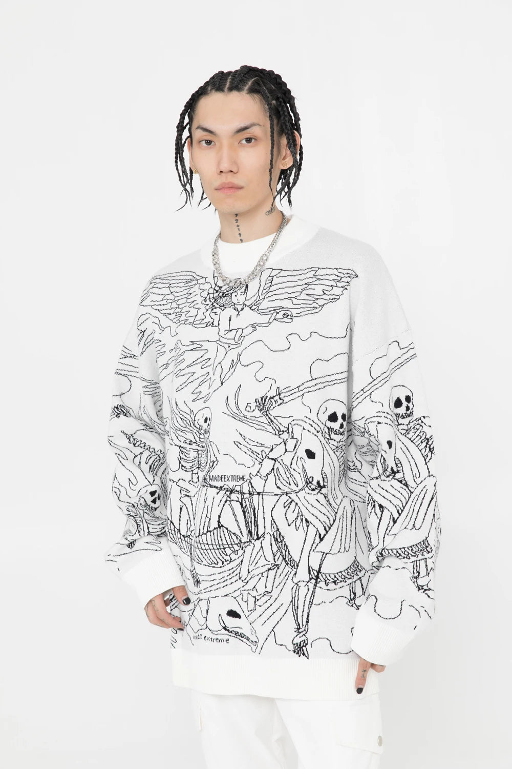 Vintage Knitted Sweater Harajuku Ukiyo-e Style Skull Graffiti Pullover 2021 Autumn Streetwear Sweater Men Women Cotton Knitwear Street King Limited
