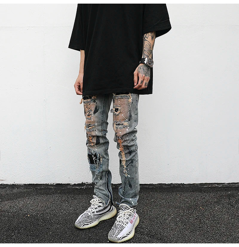 bottom zipper destroyed jeans skinny jeans ripped slim men biker jeans fashion graffiti printed streetwear hip hop pants joggers unique joggers style 5126