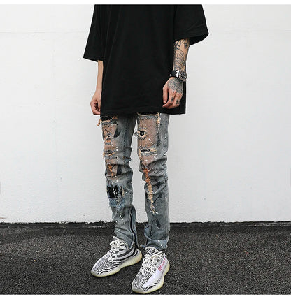 bottom zipper destroyed jeans skinny jeans ripped slim men biker jeans fashion graffiti printed streetwear hip hop pants joggers unique joggers style 5126