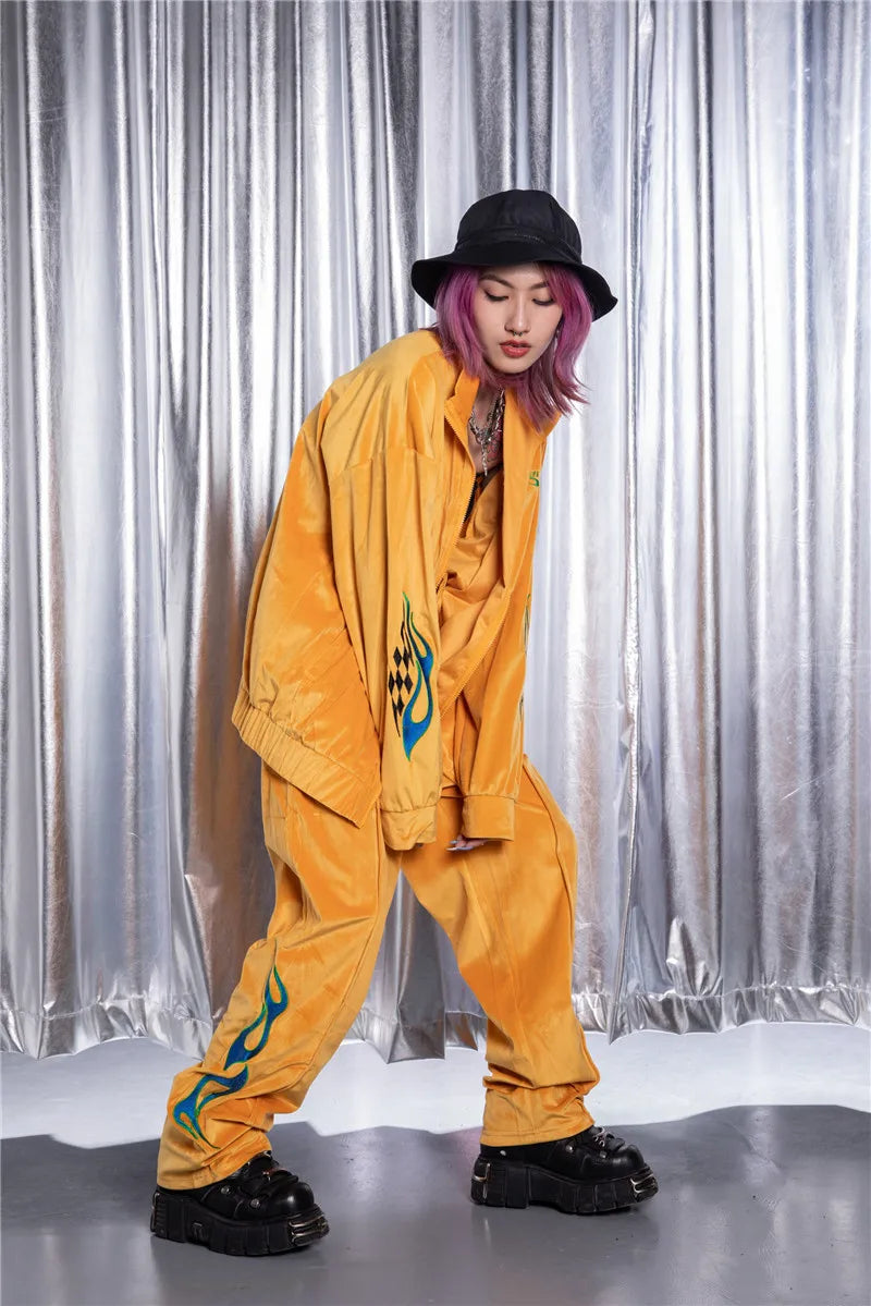 2 pieces set men embroidery velvet zipper jacket and elastic waist loose straight pants sweatsuit hip hop tracksuits sweatsuit unique default style 3301