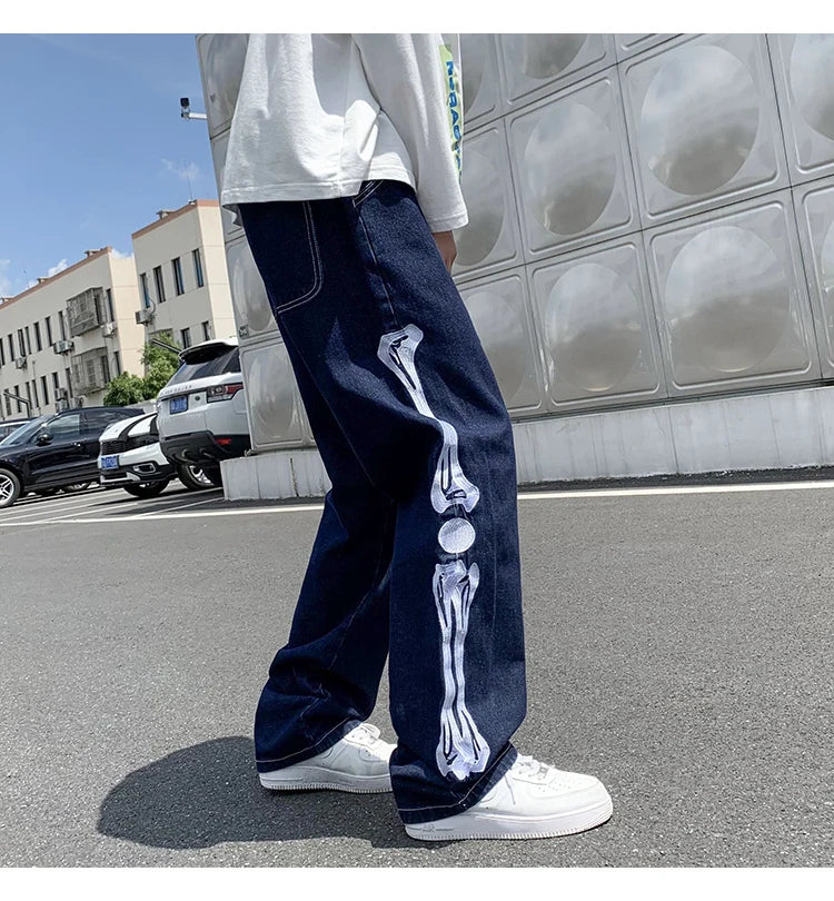 skeleton embroidery straight jean pants couples mopping trousers mens streetwear denim pants mens clothing jeans for men baggy unique jeans style 2623