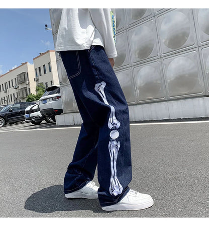 skeleton embroidery straight jean pants couples mopping trousers mens streetwear denim pants mens clothing jeans for men baggy unique jeans style 2623