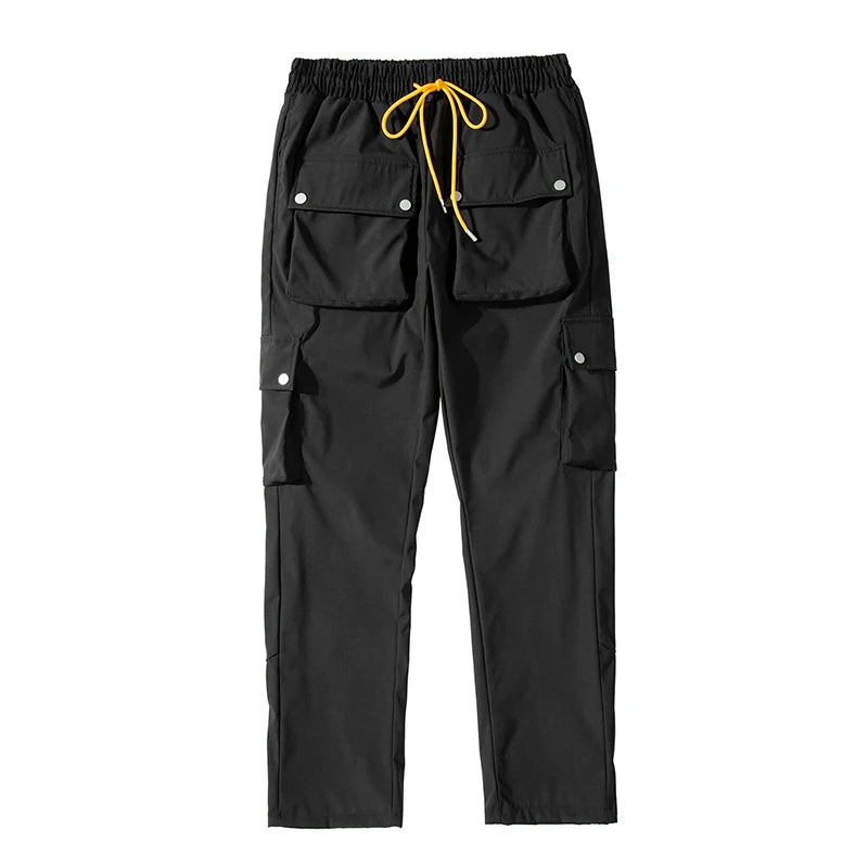 high street multi pocket casual trousers for men and women side breasted drawstring cargo pants harajuku solid loose pants unique cargo style 3113