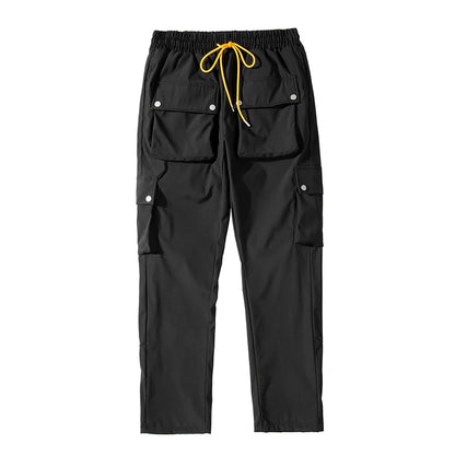 high street multi pocket casual trousers for men and women side breasted drawstring cargo pants harajuku solid loose pants unique cargo style 3121