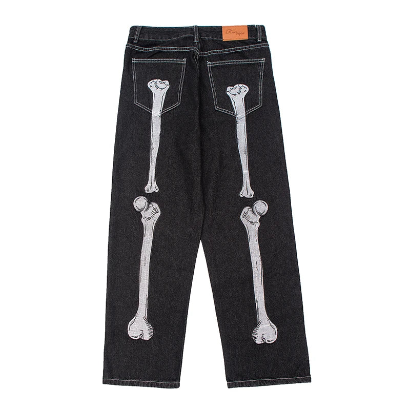 retro skull hand bone embroidery washed mens jeans pants vibe style straight casual oversize denin trousers streetwear ripped baggy denim