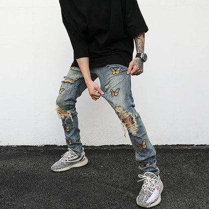 high street butterfly embroidery knee ripped hole jeans mens casual hip hop distressed jeans slim fit skinny denim pants joggers casual joggers